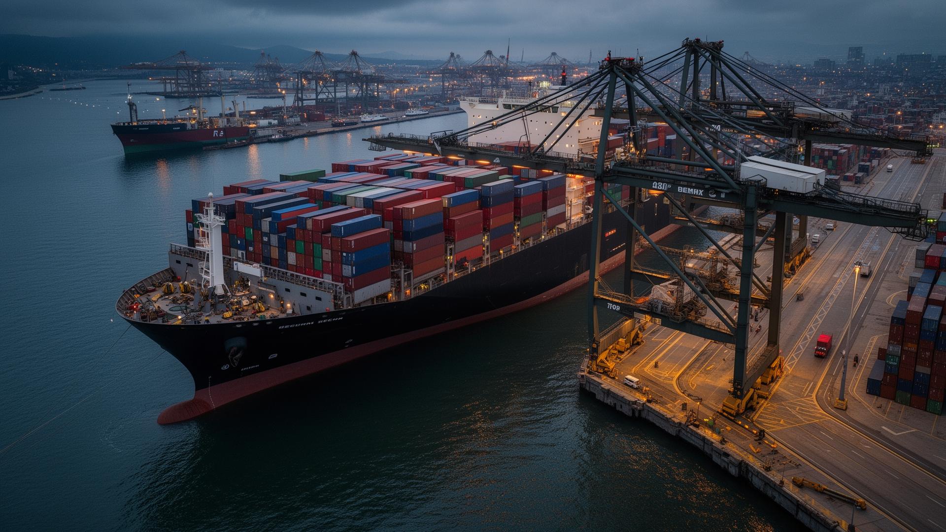 Container ship being loaded at a deep-water terminal at dusk